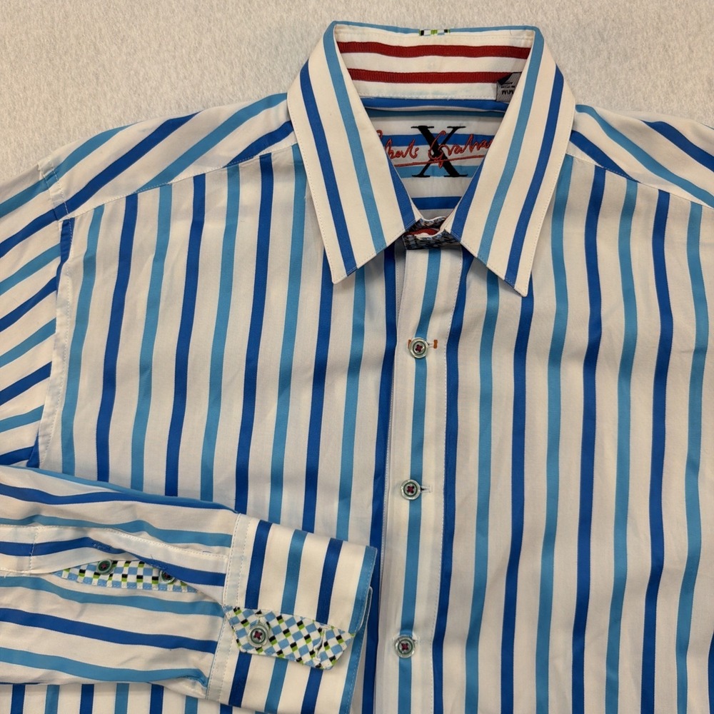 Robert Graham Men Shirt Size‎ Medium Blue Turquoise Stripe Embellished Flip Cuff